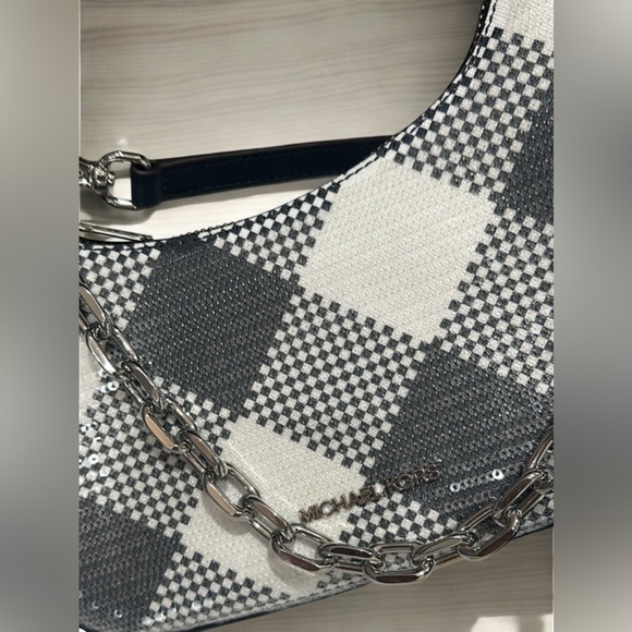 Michael Kors Cora Medium Zip Sequin Navy Pouchette Purse - Picture 2 of 8